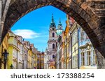 View of colorful old town in Prague taken from Charles bridge, Czech Republic