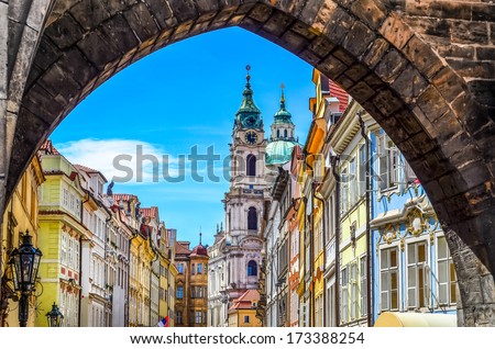 View of colorful old town in Prague taken from Charles bridge, Czech Republic