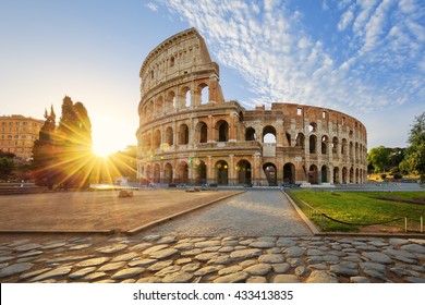 View of Colosseum in Rome and morning sun, Italy, Europe. - Shutterstock ID 433413835