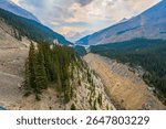 View from the Columbia Icefield Skywalk, a cliffside walkway with glass-floor suspended above the Sunwapta Valley along the Icefields Parkway in Jasper National Park, Alberta, Canada