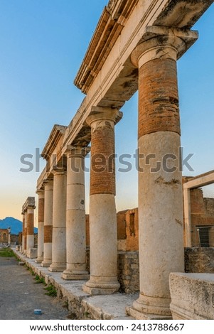 View of the columns of the  Portico of Concordia Augusta or Building of Eumachia on Forumin the ruins of Pompeii Italy.
