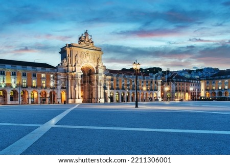 View of the Commerce Square in Lisbon at blue hour - Praça do Comercio at sunrise in Portugal