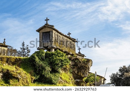 View of the communitarian granaries, called espigueiros, in the village of Soajo, Peneda National Park, Northern Portugal