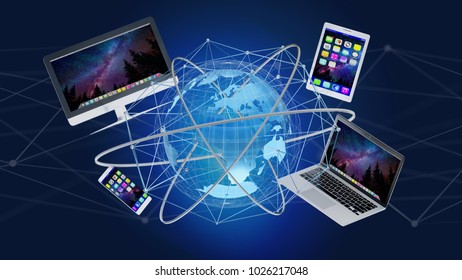 View of a Computer and devices displayed on a futuristic interface with international network  - 3d render