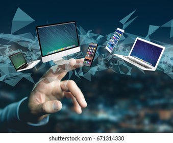 View of a Computer and devices displayed on a futuristic interface - Multimedia and technology concept
