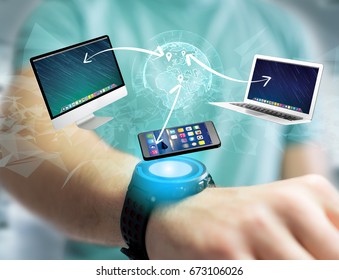 View of a Computer and devices displayed on a futuristic interface with interantional network - Multimedia and technology concept