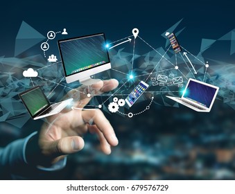 View of a Computer and devices displayed on a futuristic interface with interantional network - Multimedia and technology concept