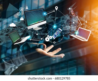 View of a Computer and devices displayed on a futuristic interface with interantional network - Multimedia and technology concept