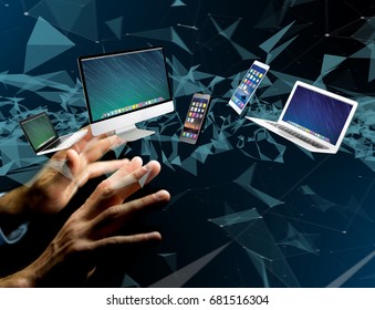 View of a Computer and devices displayed on a futuristic interface - Multimedia and technology concept