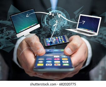 View of a Computer and devices displayed on a futuristic interface with interantional network - Multimedia and technology concept