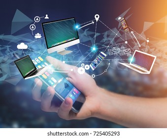 View of a Computer and devices displayed on a futuristic interface with interantional network - Multimedia and technology concept - Powered by Shutterstock - Get 15% off with code: PIKWIZARD15