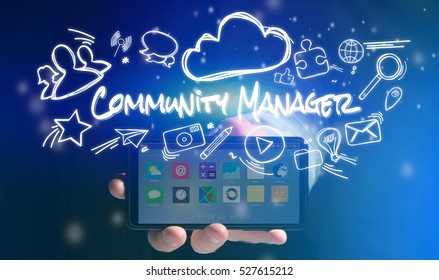 VIew Of A Concept Of Man Holding Smartphone With Community Manager Icon Around