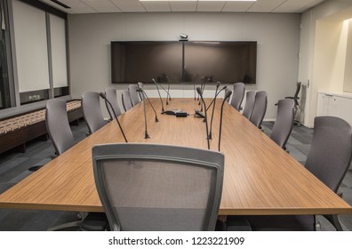 View Of Conference Room With Double Screens On Wall