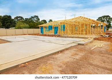 View Of Construction Site And House Foundation In Preparation Process