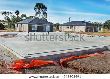view of construction site and house foundation in preparation process 
