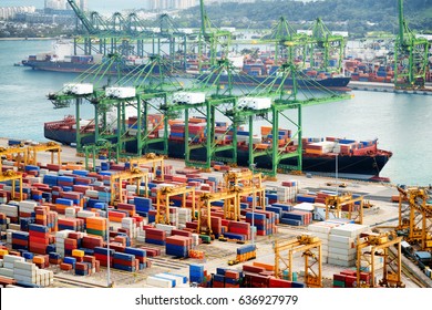 View of a container terminal at the Port of Singapore. Cargo ships docked in harbor. Ship-to-shore (STS) gantry cranes loading and unloading vessels at shipping yard.