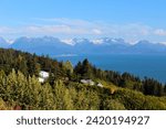 View of Cook Inlet, the Cook Inlet is a bay in the Gulf of Alaska-In the background is the small town of Homer