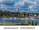 A view from Copps Hill Terrace towards the Charles River and the USS Constitution in Boston in the early morning in the fall
