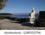 View of  Corfu (Kerkyra). Kerkyra - capital of Corfu island, Greece. Panagia Vlacherna and the island of Pontikonissi (mouse island) near Kanoni, Corfu.