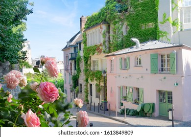 View Of Cosy Street In Quarter Montmartre In Paris, France. Cozy Cityscape Of Paris At Summer With Rose Flowers. Architecture And Landmarks Of Paris.