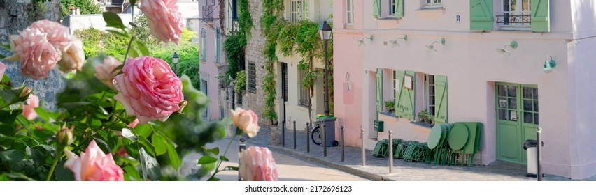 View Of Cosy Street In Quarter Montmartre In Paris, France. Cozy Cityscape Of Paris At Summer With Rose Flowers. Architecture And Landmarks Of Paris, Web Banner