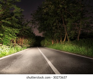 View Of Country Road In The Night