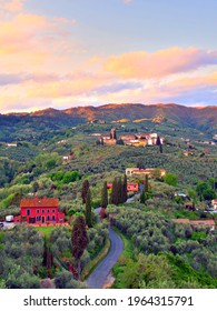 view of countryside of the Valdinievole from the Buggiano Castle in the town of Pistoia in Tuscany, Italy