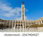 view from the courtyard of the great mosque of Algiers on the minaret, the highest in the world, with its arab-Muslim style decoration and the giant columns. Algiers. Algeria