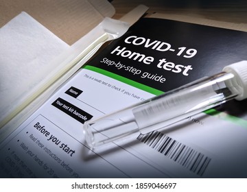 View of Covid 19 Coronavirus Home Test with Vial Sample from UK Health