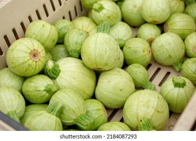 A view of a crate full of cue ball squash, on display at a local farmers market. - Shutterstock ID 2184087293