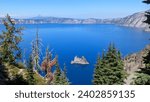View of Crater Lake and the Phantom Ship rock formation at Crater Lake National Park, Oregon