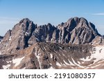 View of the Crestones, Crestone Needle and Crestone Peak, from the summit of Colony Baldy. Sangre de Cristo Range, Colorado Rocky Mountains.	
