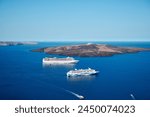 View with cruise ships of the volcanic caldera of Nea Kameni from the village of Thira (Fira), Santorini Island, Cyclades, Greece