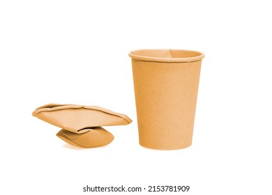 View of crumpled, disposable paper cups ready for recycling, isolated on white background. Ideal as an environmental theme, background for message board, etc..