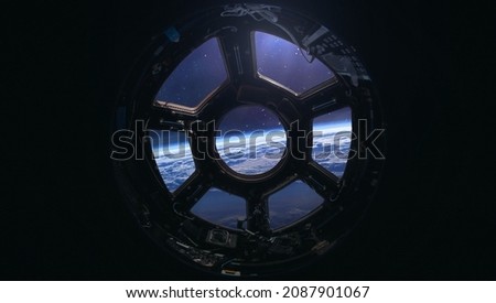View from cupola porthole of ISS space station on Earth and outer space. Sci-fi collage. Elements of this image furnished by NASA
