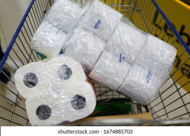 View Of Customer Buying Toilet Paper Rolls In Grocery Store. Covid-19 Panic Buying Hits Penang, Malaysia.