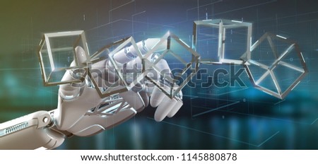 View of a Cyborg hand holding a blockchain cube 3d rendering