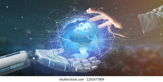 View of a Cyborg hand holding a Connected network over a earth globe concept on a futuristic interface - 3d rendering - Shutterstock ID 1292477809