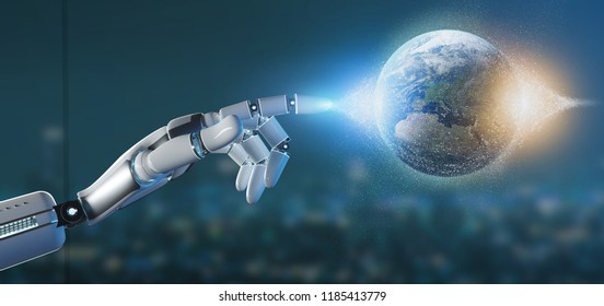 View of a Cyborg hand holding a Earth globle particles 3d rendering