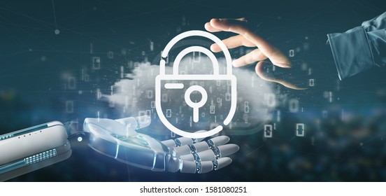 View of a Cyborg holding a Binary cloud with internet security padlock 3d rendering
