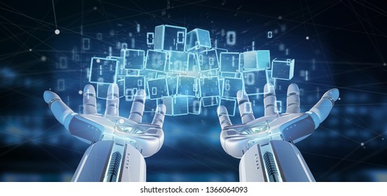 View of a Cyborg holding a Cloud of blockchain cube and binary data 3d rendering