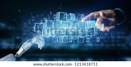 View of a Cyborg holding a Cloud of blockchain cube and binary data 3d rendering