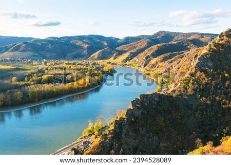 View of   Danube river at sunset  from Duernstein village in Lower Austria, Austria, Wachau valley (Unesco world heritage site)