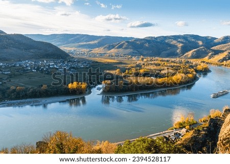 View of   Danube river at sunset  from Duernstein village in Lower Austria, Austria, Wachau valley (Unesco world heritage site)