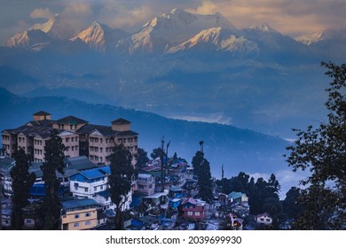 View of Darjeeling with Kanchenjunga in the background at sunrise. Beautiful  Himalayan landscape at Darjeeling, West Bengal, India near Nepal, Sikkim at the Indian Himalayas