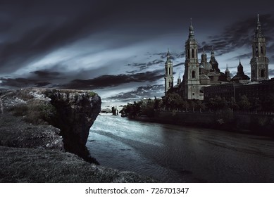 View Of Dark Castle With Dark Sky At Night