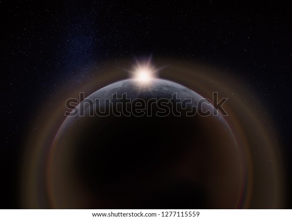 View of the dark hidden side of the Moon with the\
Sun behind it. Negative space for copy text. Elements of this image\
furnished by NASA