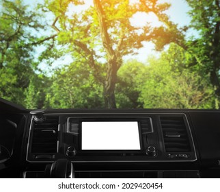 View of dashboard with navigation system in modern car