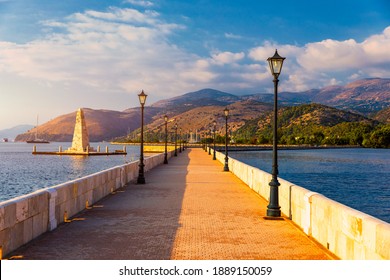 View of the De Bosset Bridge in Argostoli city on Kefalonia island. De Bosset Bridge on lakeside In Argostoli, Kefalonia. Obelisk and the de Bosset bridge in Argostoli, Kefalonia, Greece