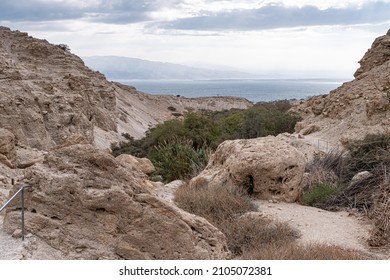 View Of The Dead Sea In The East  As Seen From The Canyon Of Nahal David Trail At Ein Gedi Nature Reserve In Judean Desert, Israel. 